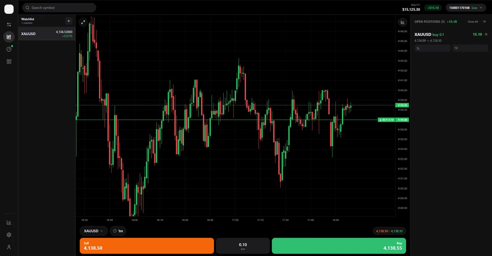 Constant Trader desktop terminal with a one-minute XAUUSD chart, an open buy position, and sell and buy buttons