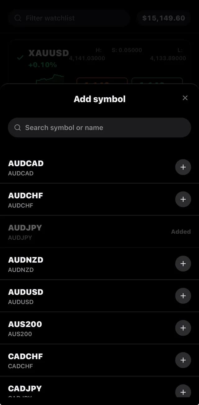 Constant Trader mobile add-symbol list with currency pairs and indices